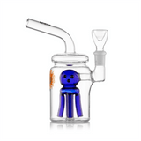 Side profile of Hemper Jellyfish Jar bong with blue jellyfish perc inside clear jar chamber and bent mouthpiece extending from the lid.