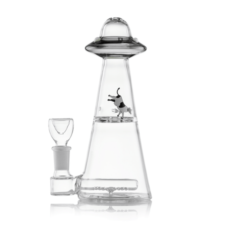 Smoke-colored UFO Vortex 6″ glass bong with subtle tinted saucer, cone body, cow decal and compact 14.5 mm herb slide on side arm.
