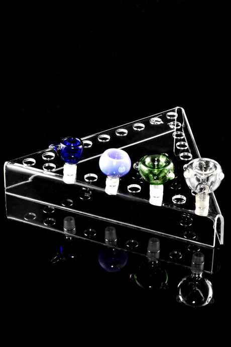 Clear 24-slot triangle stand showcasing four colored glass bowls, mirror-like black base and sharp acrylic edges