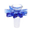 Front view of blue glass 14 mm male leaf bowl slide, clear rim and vibrant handle highlighting artisanal craftsmanship.