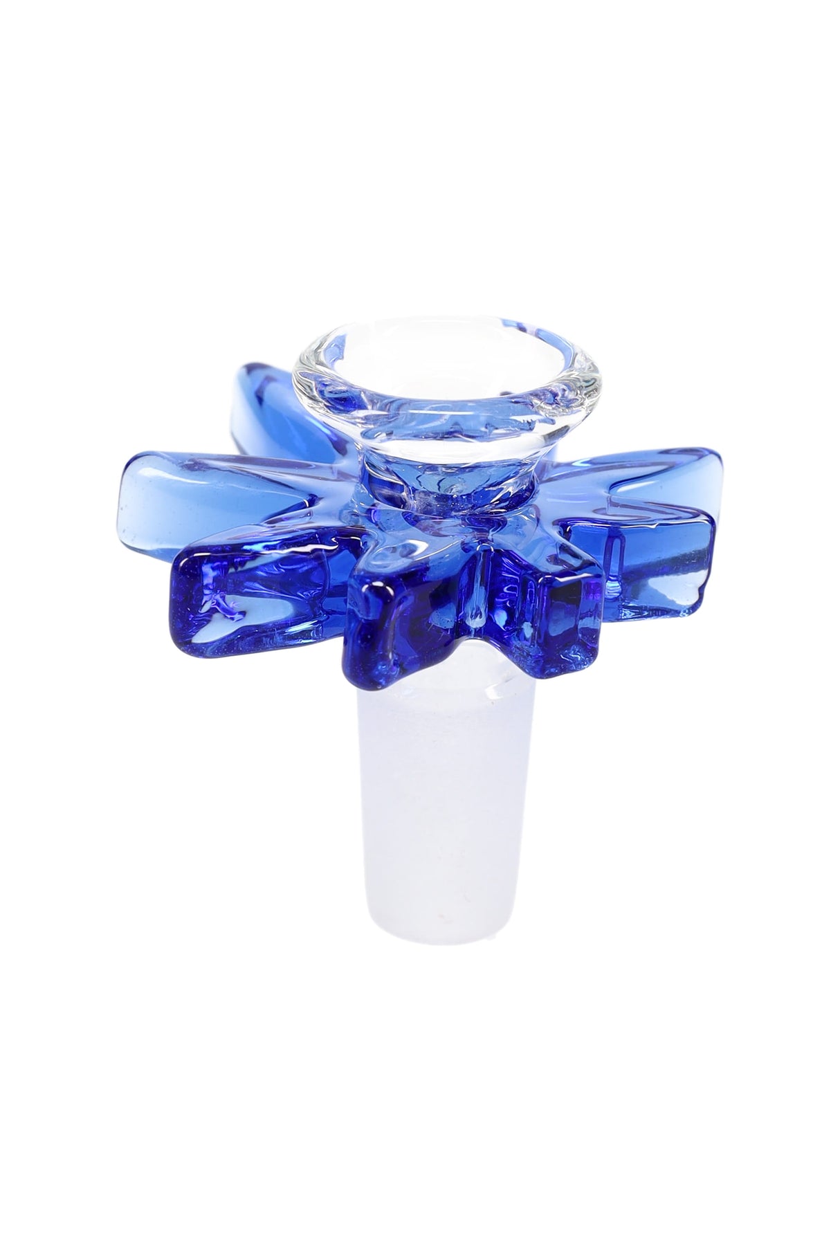 Front view of blue glass 14 mm male leaf bowl slide, clear rim and vibrant handle highlighting artisanal craftsmanship.