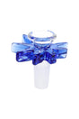 Front view of blue glass 14 mm male leaf bowl slide, clear rim and vibrant handle highlighting artisanal craftsmanship.