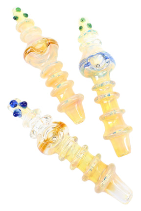 6½″ silver-fumed glass steamroller with ringed body, striped bowl, and marble accents, shown in assorted colors.