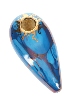 Bright blue 4″ oval ceramic hand pipe with gold sun detail and brass screen bowl, tapered mouthpiece.