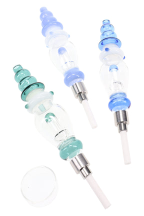 Colorful glass dab straw kit with showerhead perc, ceramic tip, and glass dish; stacked blue and teal accents in an 8-inch assorted design.