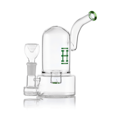Front view of Hemper bell mini bong with blue-accent bowl and mouthpiece, bell dome chamber centered over round base.
