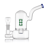 Side profile of Hemper bell bong with blue downstem and mouthpiece, clear bell-shaped chamber set on thick round base.