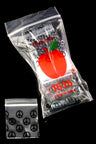 Clear 1.5-inch mini zip baggie set with black peace-sign pattern inside branded Apple Bags sleeve against black background