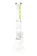 Clear ROOR Tech 18″ beaker bong with stemless 18.8 mm joint, dome and barrel percs, showerhead perc, ice pinch, and green decal; wide beaker base.