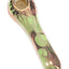 Green marbled 4-inch ceramic spoon hand pipe with gold sun accent and brass screen bowl, rounded grip.