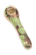 Green marbled 4-inch ceramic spoon hand pipe with gold sun accent and brass screen bowl, rounded grip.