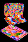 Small silicone rolling tray in bright rainbow swirl design, 8″ × 6″, rounded corners and raised edges; assorted color blends.