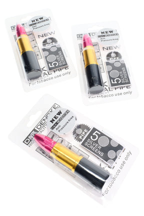 Pink lipstick-style metal hand pipe gift set on card, includes five silver pipe screens; compact 3″ disguise pipe for dry herb.