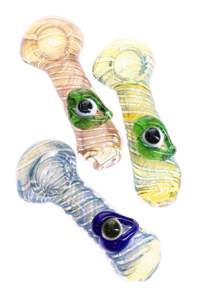 Compact 4½″ spiral frit glass spoon hand pipe with raised eyeball accent and color-changing body, shown in assorted colors.