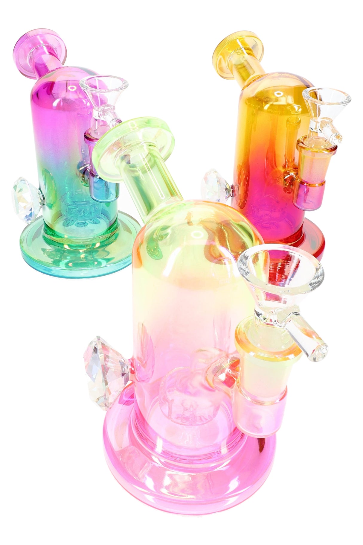 Group shot of three multicolor metallic glass mini bongs with jewel grips and showerhead percs, 5″ size.