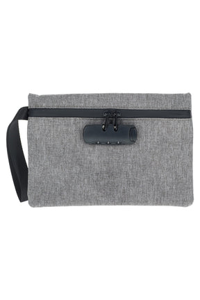 Gray polyester zippered pouch with built-in black 3-digit combination lock and wrist strap, front view on white background