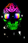 Gas mask bong showing neon green and pink skull mask, mirrored goggles, and acrylic water pipe attachment.
