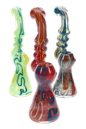 7.5-inch colorful frit striped Sherlock glass bubbler with sculpted rings and flared base; compact water chamber; assorted colors; sold individually.