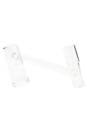 Clear drop-down sidecar adapter with 18.8 mm male and 18.8 mm female joints connected by an offset tube, shown angled on white.