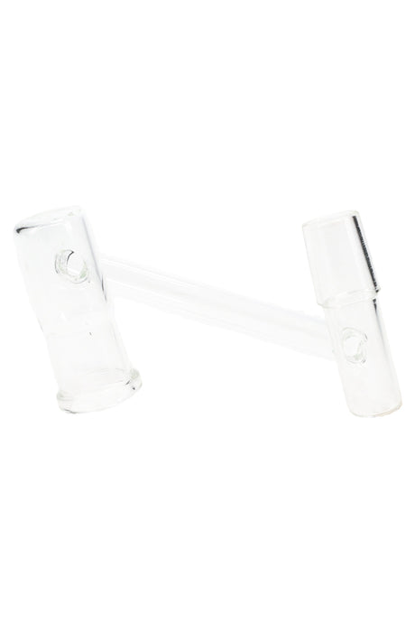 Clear drop-down sidecar adapter with 18.8 mm male and 18.8 mm female joints connected by an offset tube, shown angled on white.