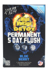 Front of High Voltage Permanent 5 Day Flush box, Blue Berry flavor, labeled 5-day detox kit with capsules and drinks.