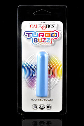 Light blue Turbo Buzz rounded bullet vibrator in retail packaging; rounded head, 10 vibration modes, USB rechargeable, IPX7 waterproof.