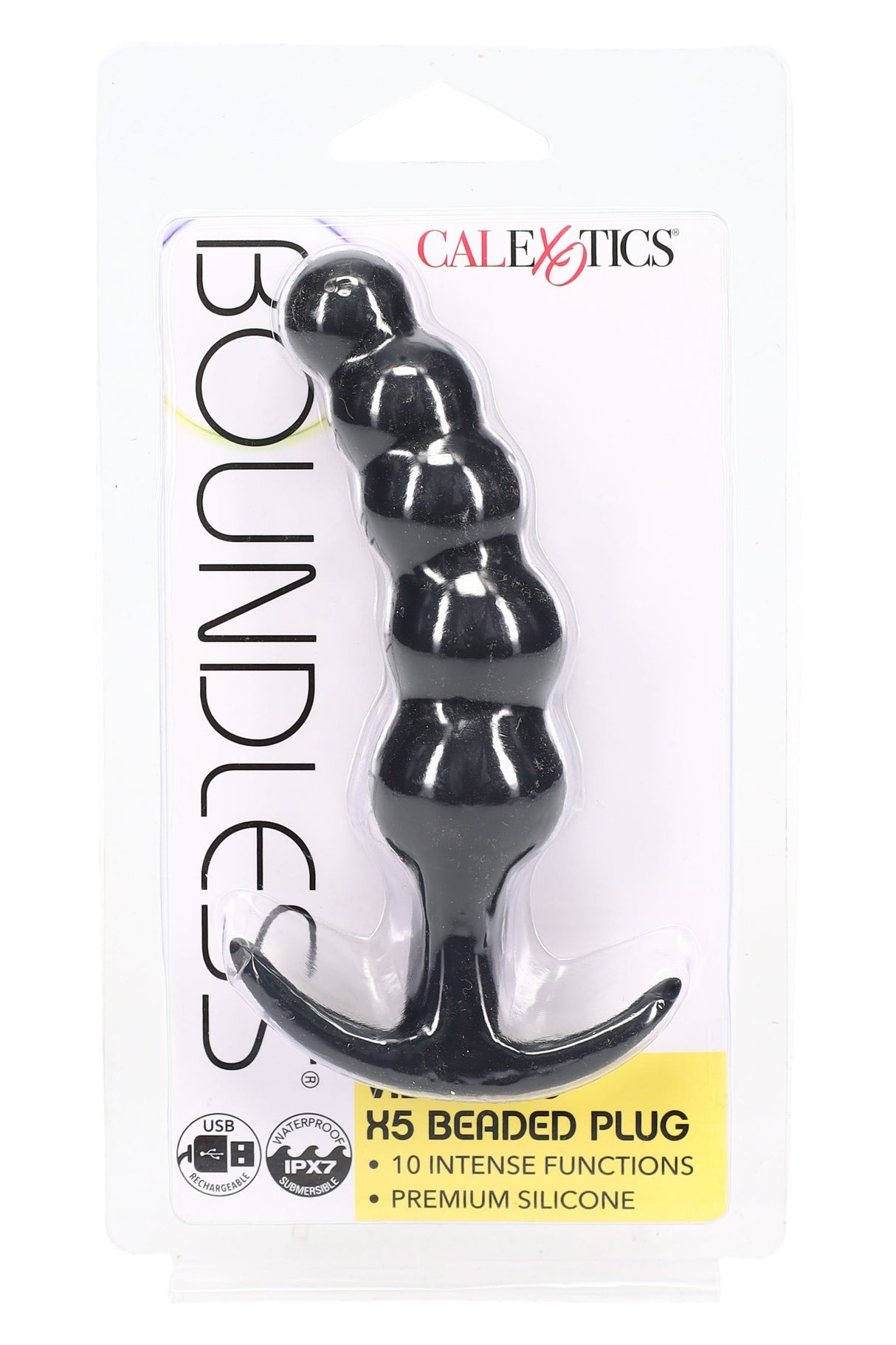 Black silicone vibrating beaded plug with curved safety base and five graduated bulbs, Boundless X5 10-function USB-rechargeable design in retail blister pack.