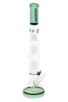 Green-accent ROOR Tech 17-inch beaker bong with dual tree percs, glass-on-glass downstem and bowl.