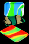Small silicone rolling tray shown in camo and neon swirl styles, 8″ × 6″; nonstick surface with selectable design style.