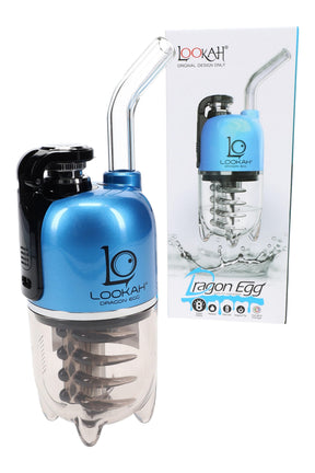 Lookah Dragon Egg dab e-rig in blue with box, showing water chamber, percolator, and glass mouthpiece.