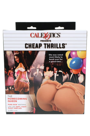 Boxed Cheap Thrills “Homecoming Queen” 3-lb PureSkin dual-entry masturbator with lifelike butt and vagina on party-themed packaging.