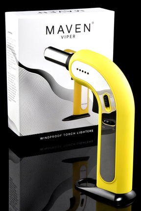 Yellow Maven Viper 8-inch table torch lighter with two-tone chrome mirror panel, pictured beside box on black backdrop.