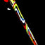 Single red-cap striped mushroom dab tool with psychedelic yellow, blue, and green stem, angled on glossy black surface.