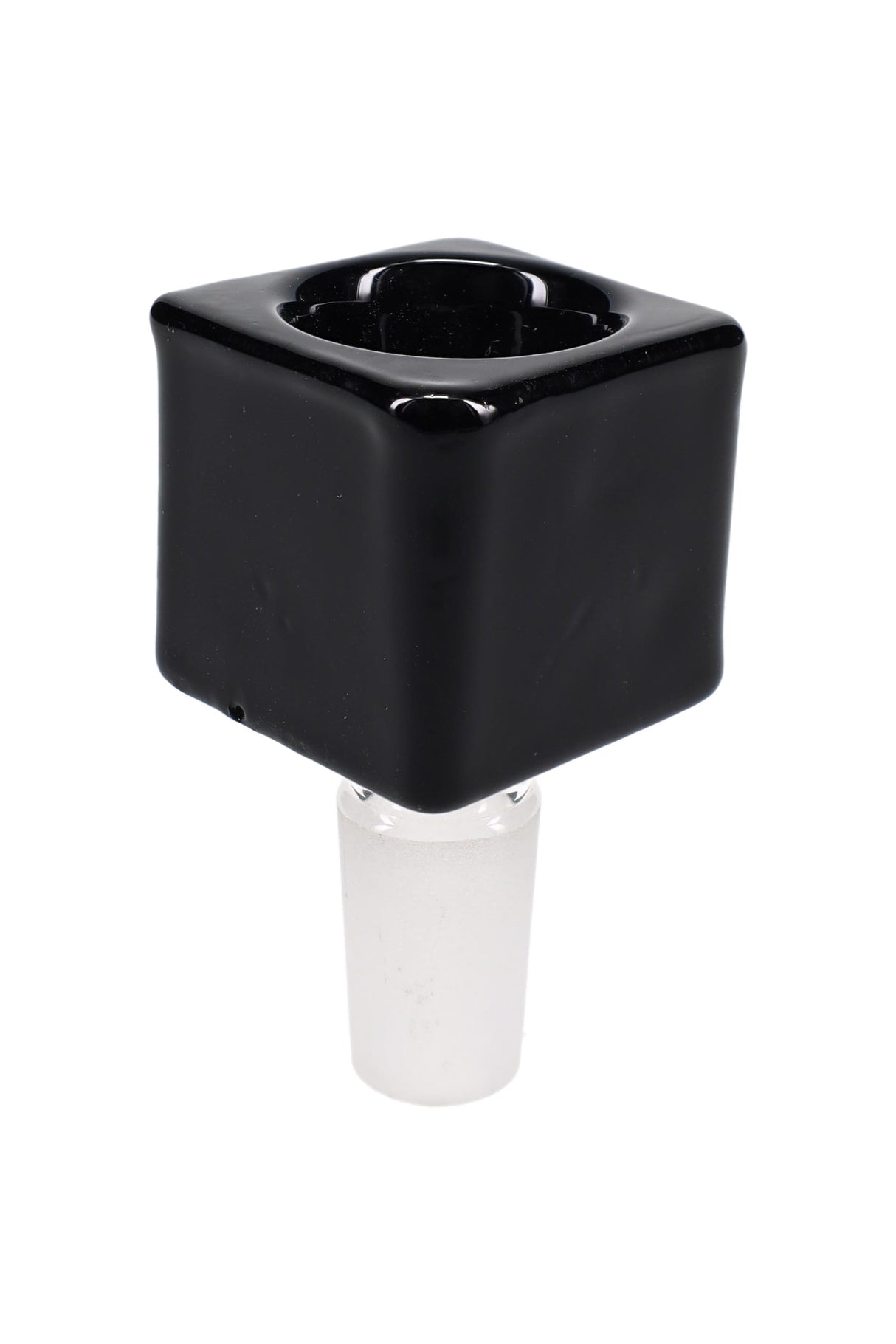 Glossy black glass cube bowl slide, 14 mm male joint, bold square profile photographed head-on against clean white.
