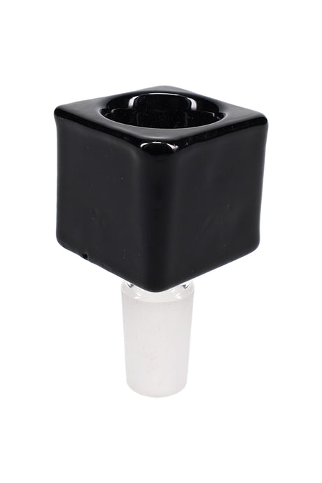 Glossy black glass cube bowl slide, 14 mm male joint, bold square profile photographed head-on against clean white.
