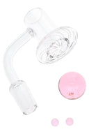 Quartz terp slurper banger with spiral tray, 14.5 mm male joint, shown with pink 22 mm marble and two 6 mm pearls.
