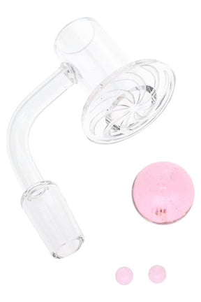 Quartz terp slurper banger with spiral tray, 14.5 mm male joint, shown with pink 22 mm marble and two 6 mm pearls.