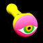Yellow and pink silicone pipe with large stylized eyeball cap and clear glass bowl insert.