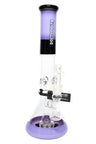 ROOR Tech 14-inch multicolor beaker bong in purple and black, 5 mm thick glass, internal showerhead perc with included herb bowl.