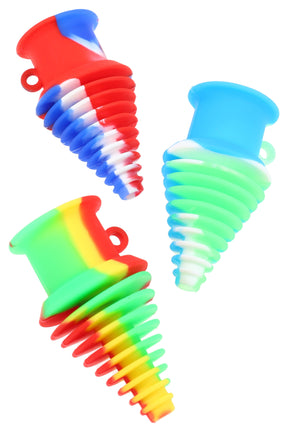 Assorted silicone water pipe mouthpieces with spiral tapered cones and loops in red-white-blue, teal and rasta on white.