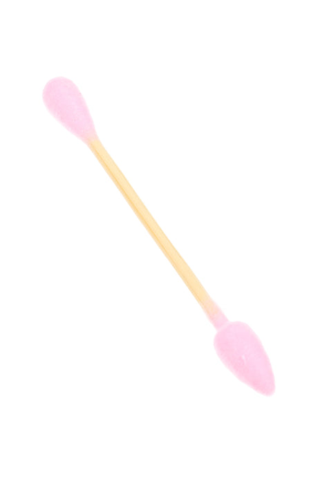 Single Blazy Susan cotton bud showing bamboo stick with pointed and rounded pink cotton tips on white background.