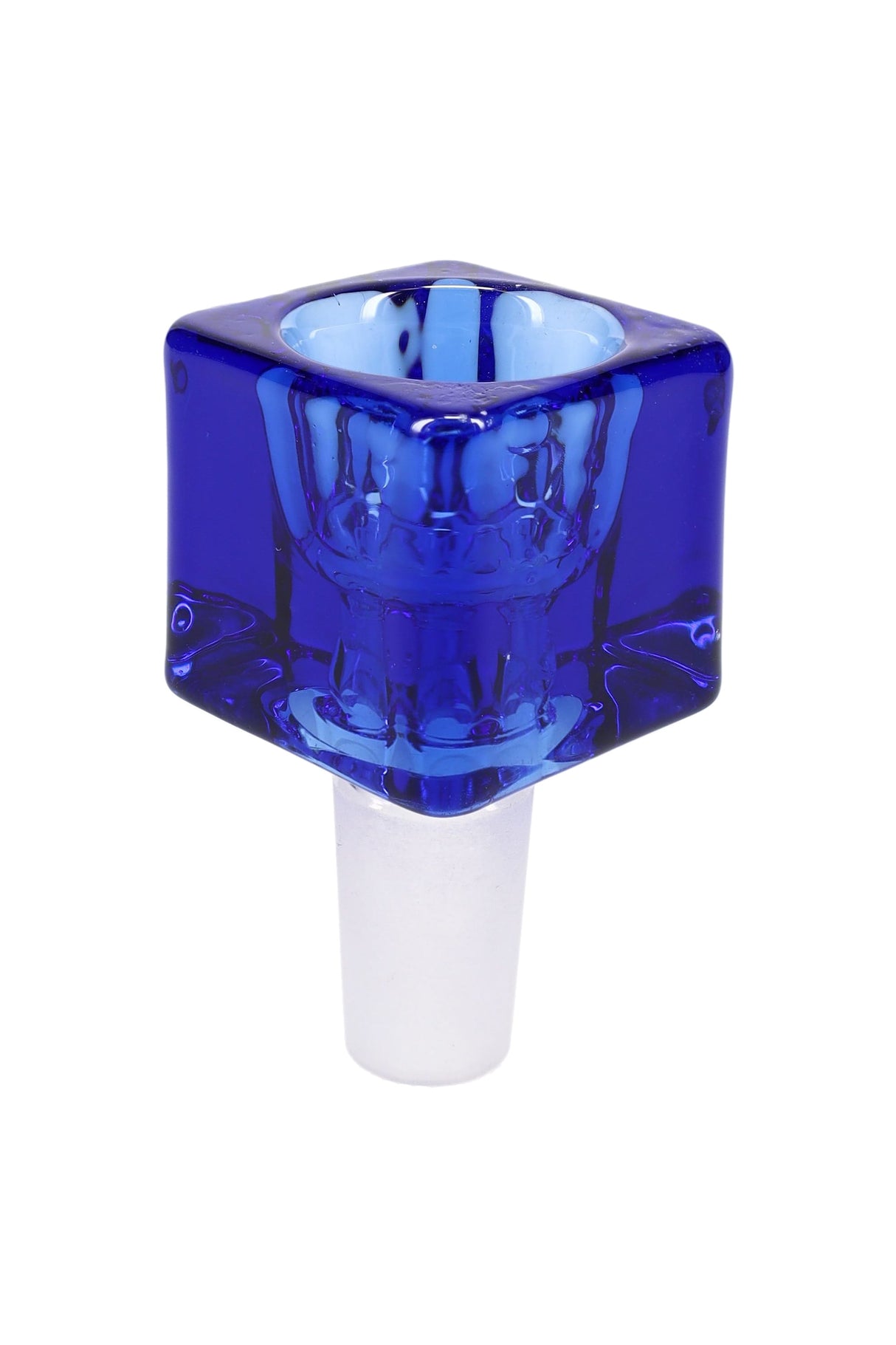 Cobalt blue glass cube bowl slide with 14 mm male joint, front angle on white background highlighting square design.