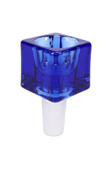 Cobalt blue glass cube bowl slide with 14 mm male joint, front angle on white background highlighting square design.