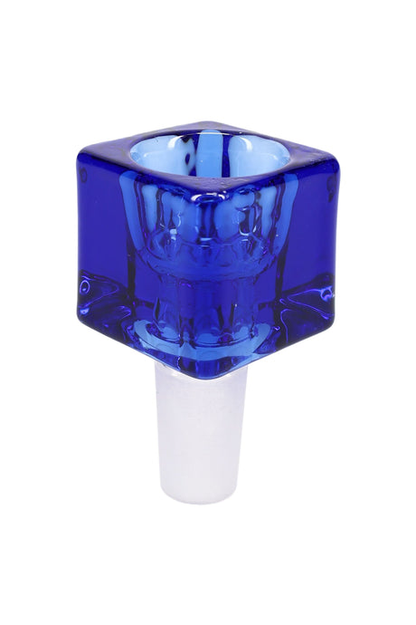 Cobalt blue glass cube bowl slide with 14 mm male joint, front angle on white background highlighting square design.