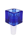 Cobalt blue glass cube bowl slide with 14 mm male joint, front angle on white background highlighting square design.