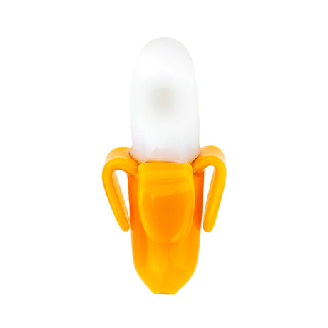 Banana-shaped glass hand pipe with yellow peel details, white banana body, and compact shape