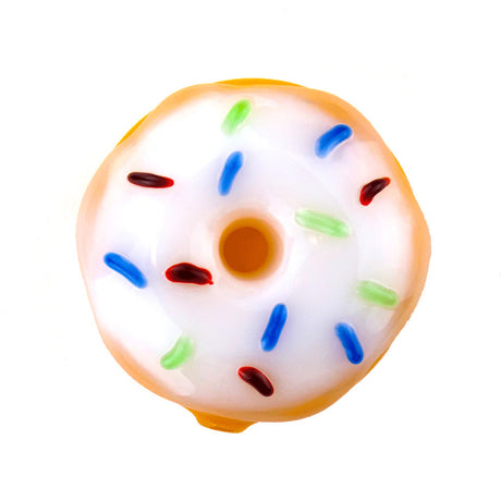 Donut-shaped glass hand pipe with white icing, colorful sprinkles, and golden glass edge