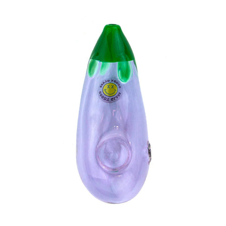 Purple eggplant-shaped glass hand pipe with green top, bowl detail, and Goody produce sticker