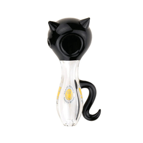 Black cat-shaped glass hand pipe with pointed ears, clear body, and curled black tail detail