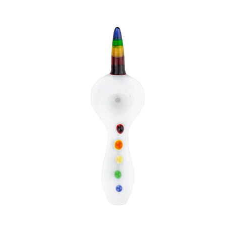White unicorn-shaped glass hand pipe with rainbow horn mouthpiece and colorful raised accents